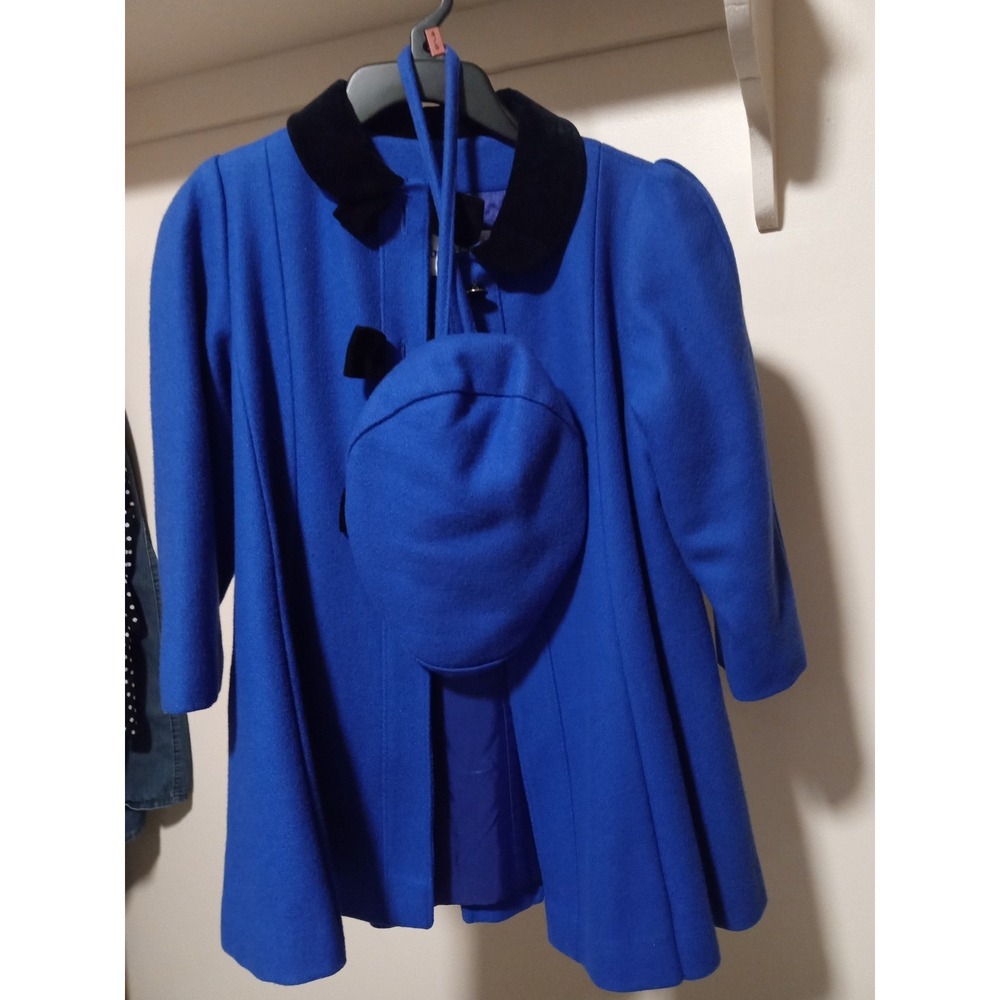 Vintage Young Gallery Blue Wool Coat with Velvet Bows and Matching Hat Kids sz 6 - Picture 3 of 12